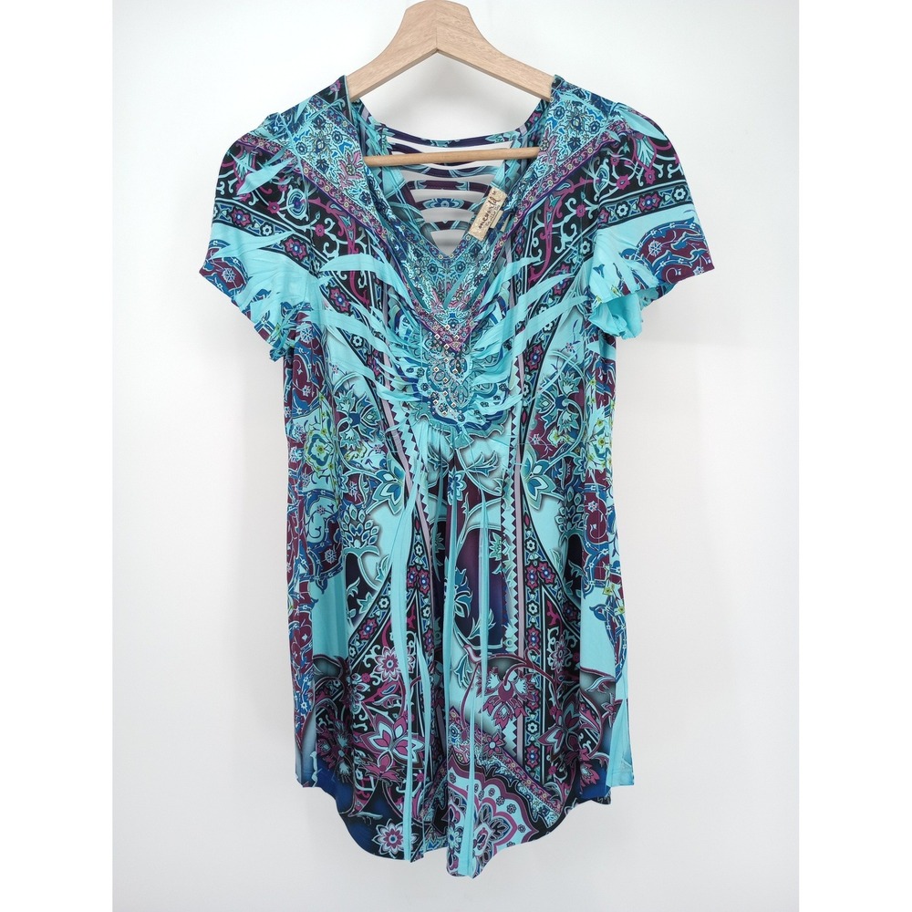 One World Top Women Medium Blue Purple Paisley Embellished V-Neck Strappy Back